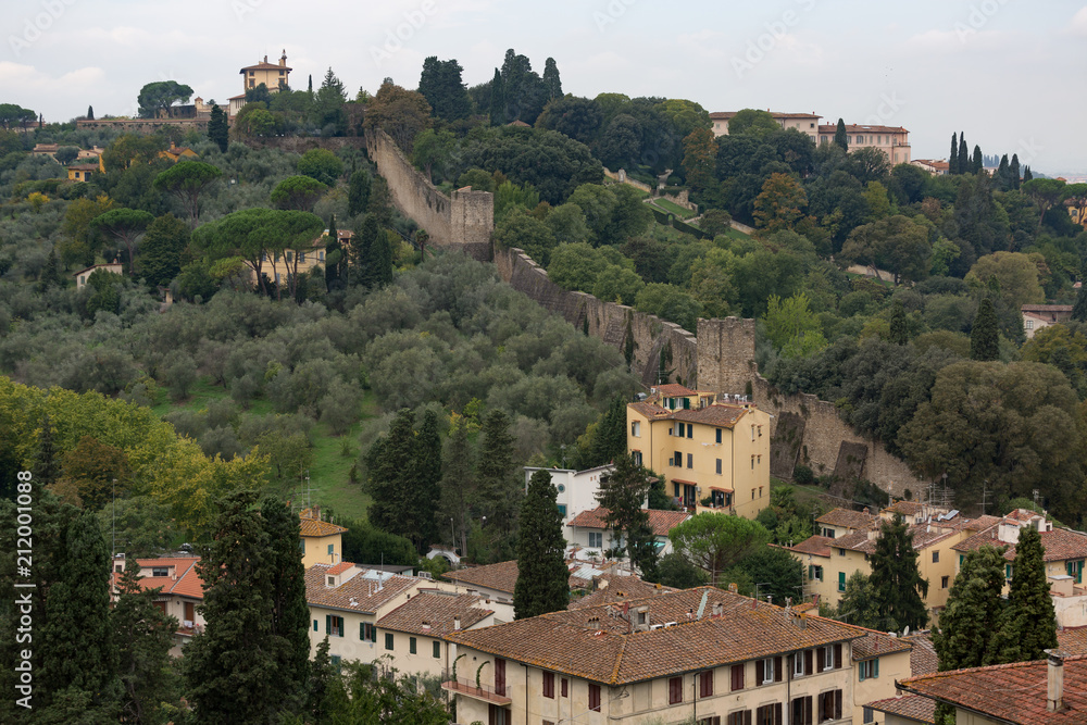 Tuscany landscape with city wall and greenery