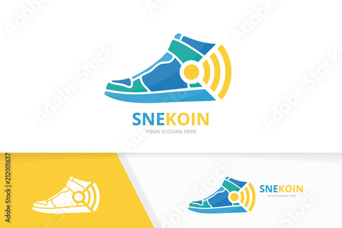 Vector sneaker and wifi logo combination. Shoe and signal symbol or icon. Unique footwear and radio logotype design template.