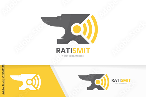 Vector smith and wifi logo combination. Blacksmith and signal symbol or icon. Unique metal and radio logotype design template.
