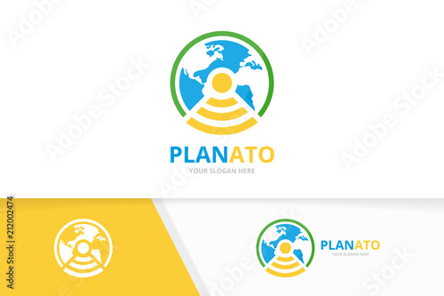 Vector world and wifi logo combination. Earth and signal symbol or icon. Unique globe and radio logotype design template.
