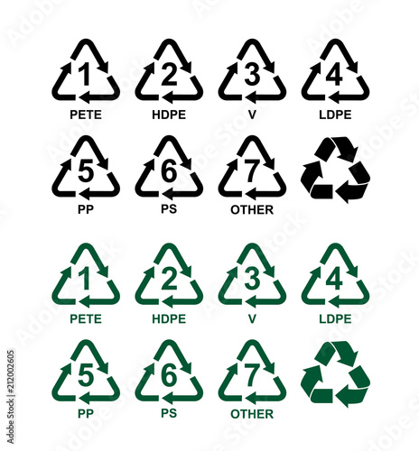 Set of recycling symbols for plastic. Green and black vector signs. Isolated on white background
