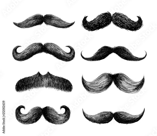Set of moustaches. Hand drawn black mustache for barbershop or mustache carnival. Freehand drawing. Vector illustration. Isolated on white background