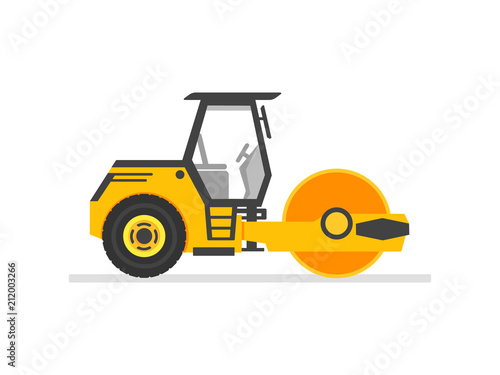 road roller heavy equipment. road roller asphalt compactor. Flat style steamroller Isolated On white clean background. Vector illustration.