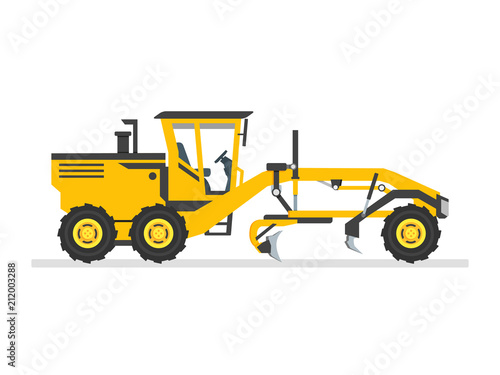 Road Grader Flat design Vector illustration. Heavy equipment, machinery, industry, engineering, road construction. Isolated on white background.