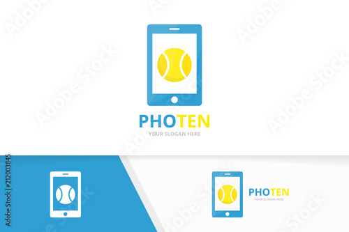 Vector tennis and phone logo combination. Game and mobile symbol or icon. Unique ball and device logotype design template.