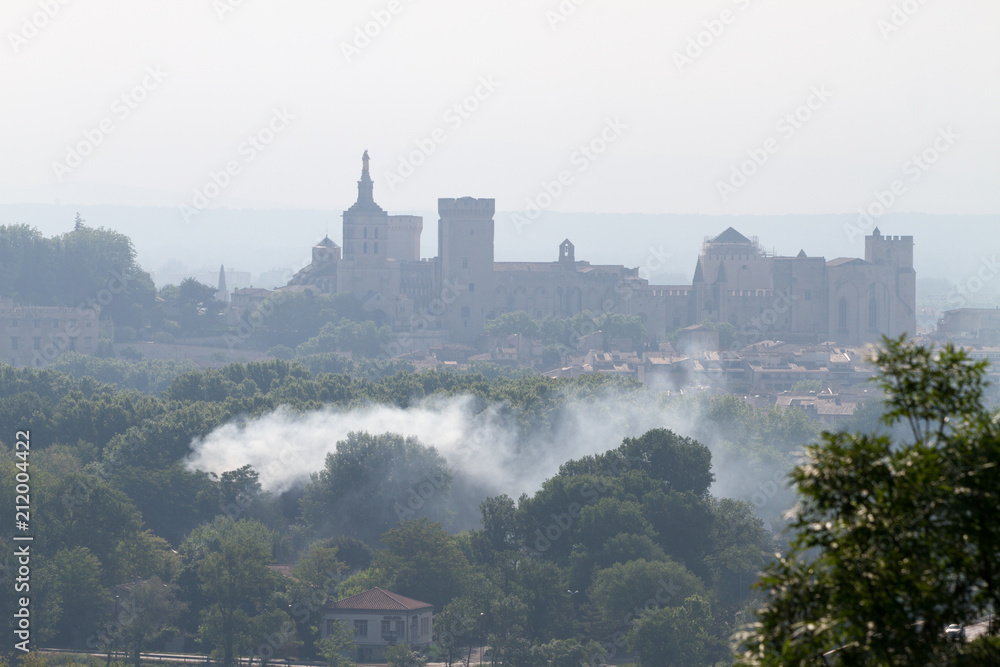 Aerial view of the The Palais des Papes in Avignon and sorrounding area in the morning spring mist