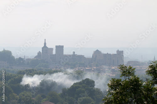 Aerial view of the The Palais des Papes in Avignon and sorrounding area in the morning spring mist