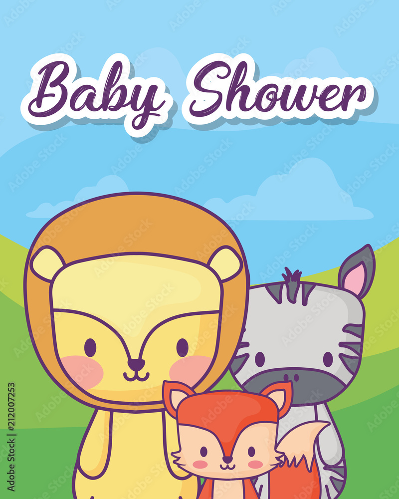 Baby shower design with cute animals icon over landscape background, colorful design. vector illustration Baby shower design with cute animals icon over landscape background, colorful design. vector illustration