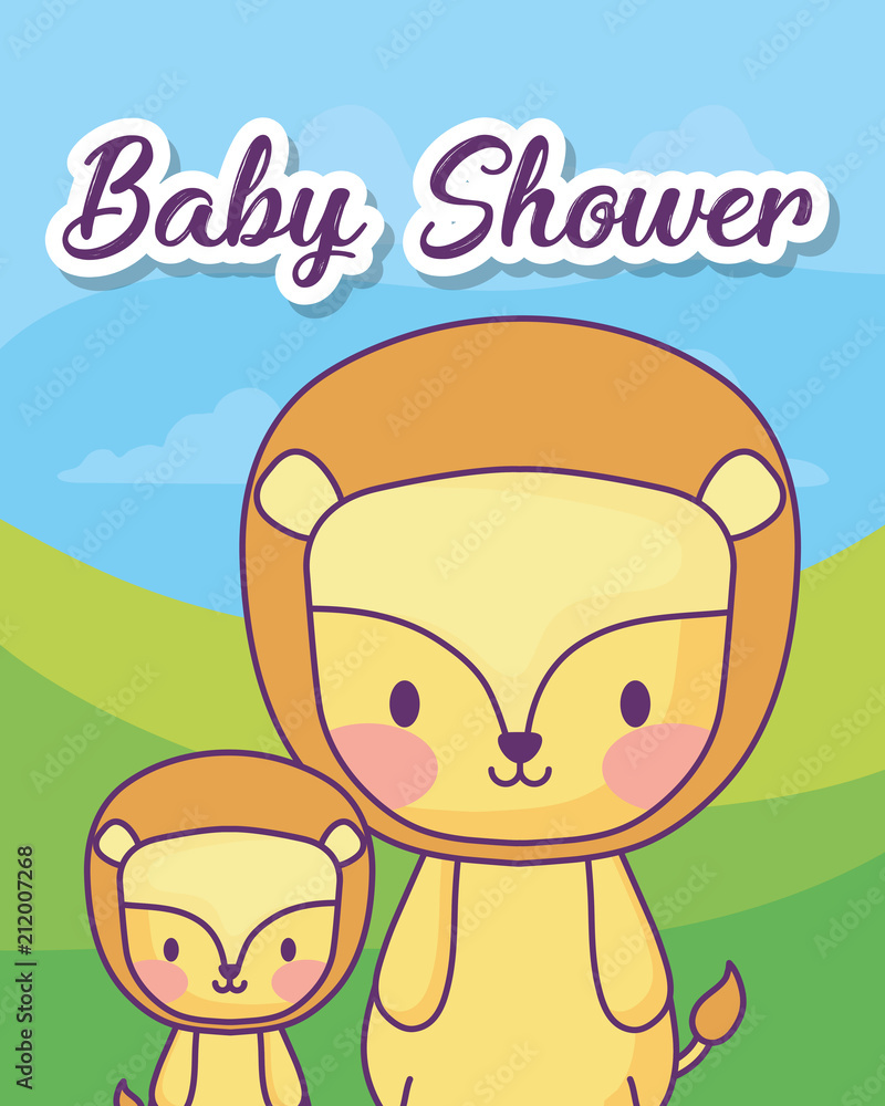 Baby shower design with cute lions icon over landscape background, colorful design. vector illustration