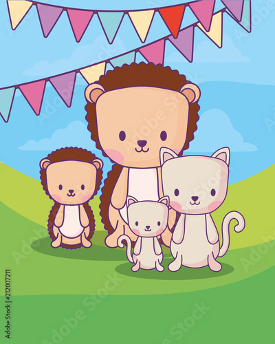 decorative pennants with cute porcupines and cats over landscape background, colorful design. vector illustration