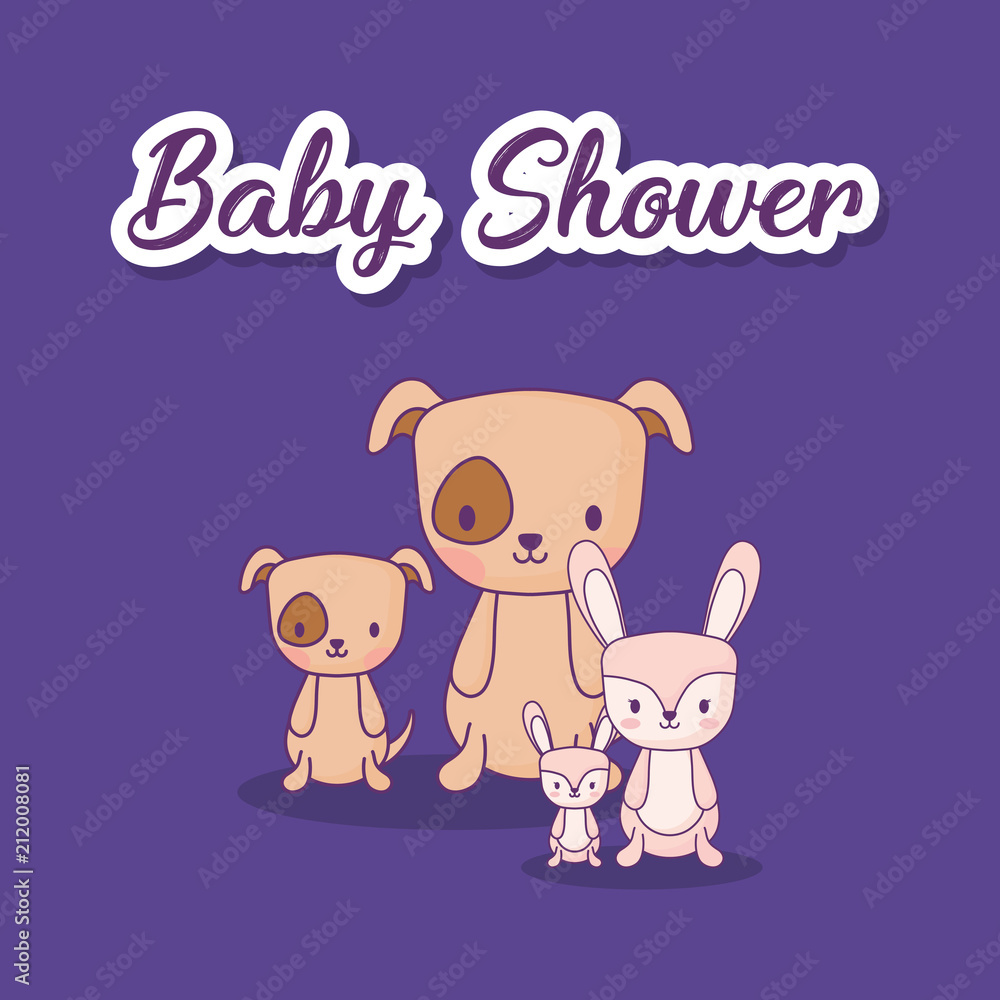Baby shower design with cute dogs and rabbits over purple background, colorful design. vector illustration