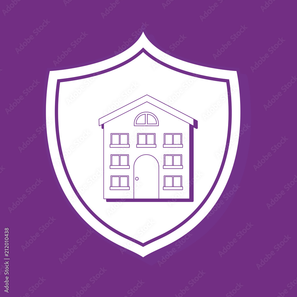 shield with modern house icon over purple background, colorful line design. vector illustration shield with modern house icon over purple background, colorful line design. vector illustration