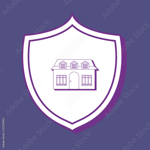 shield with modern house icon over blue background, colorful line design. vector illustration