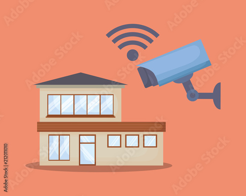 security camera and modern house icon over orange background, colorful design. vector illustration