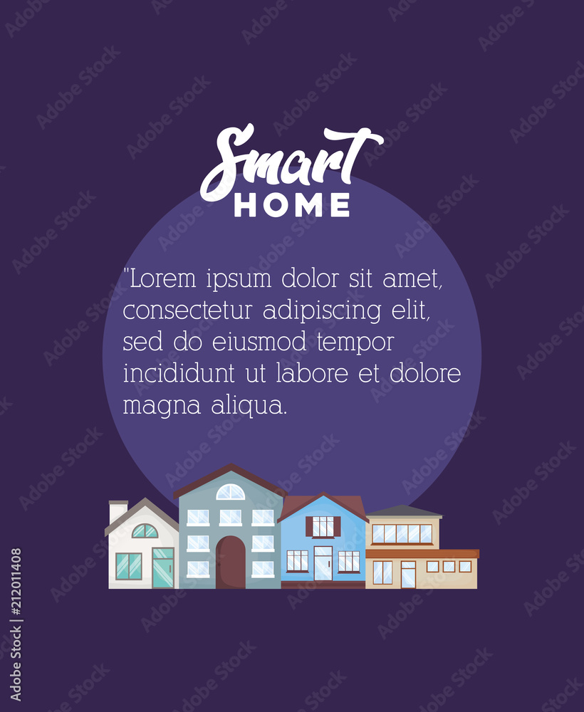 Infographic presentation of smart home design with modern houses icon over purple background, colorful design. vector illustration