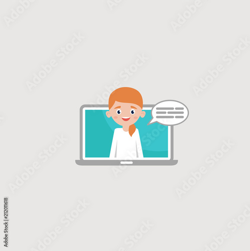 Cheerful redhead character woman with speech bubble on screen of laptop