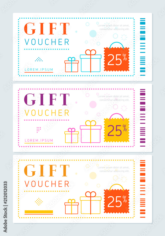 Set of different dotted vouchers with present boxes on gray background 