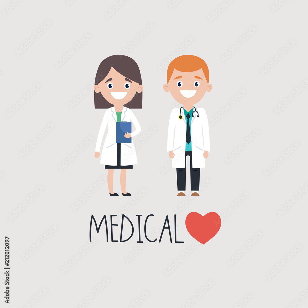 Smiling man and woman doctors in uniform over medical word with heart on gray background Smiling man and woman doctors in uniform over medical word with heart on gray background