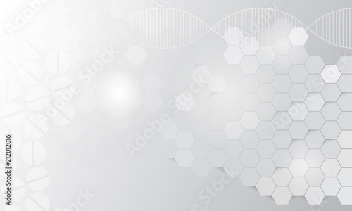 Abstract gray colored scientific background with honeycombs and DNA 