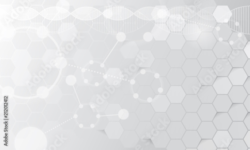 Gray vector background with honeycombs; abstract dots and DNA line 