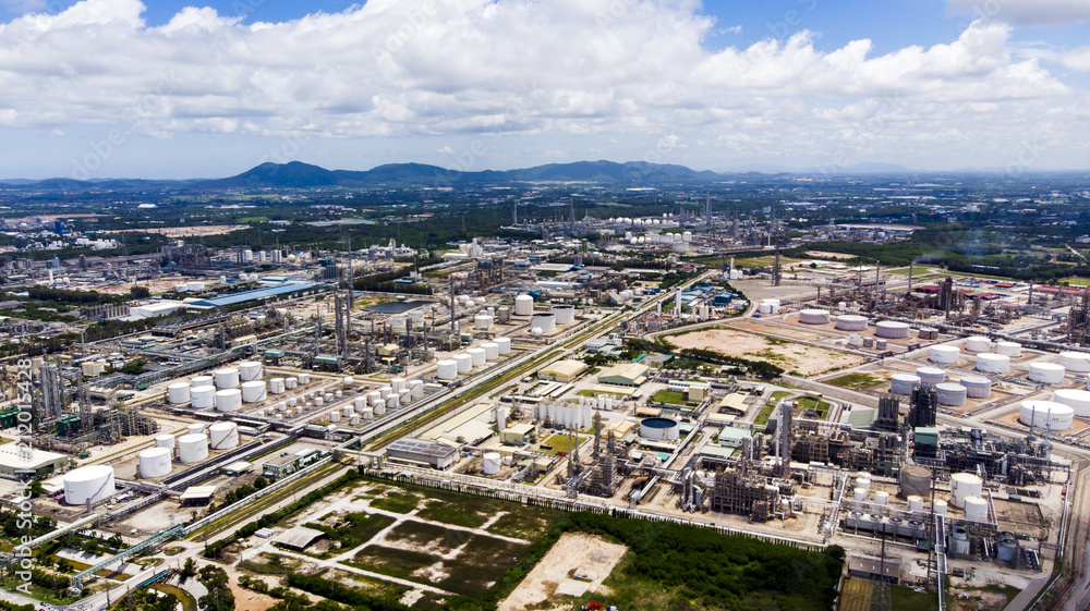 Aerial view of the state oil and gas refinery with blue sky