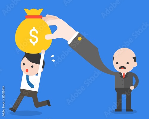Businessman carrying money bag run away from his boss, business situation concept flat design