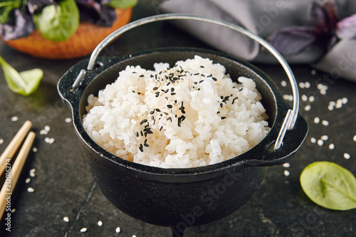 Cooked White Rice on Black Background