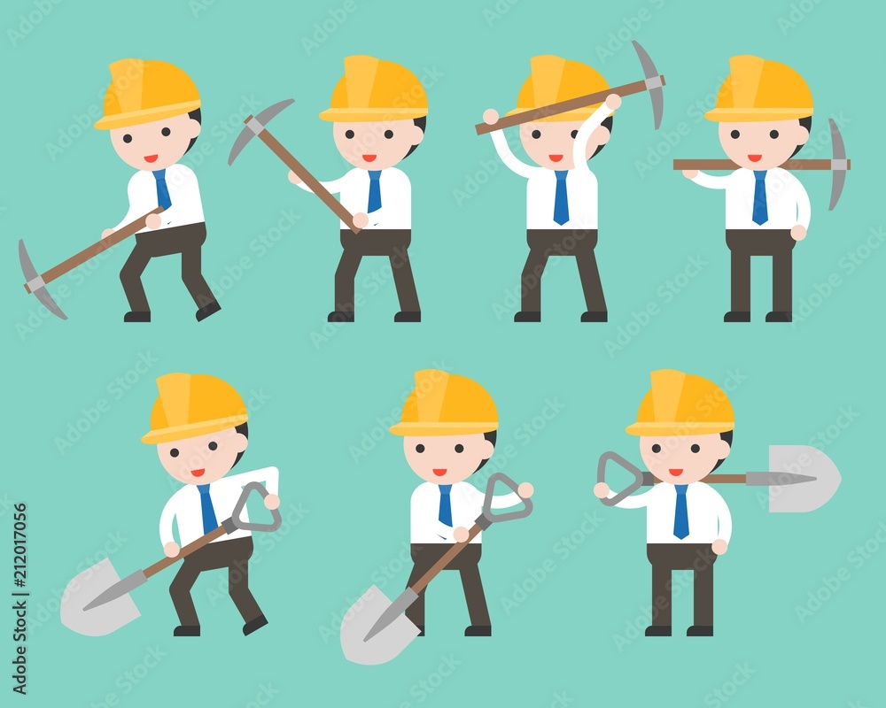 Businessman and worker helmet holding shovel and pick axe in difference position, flat design ready to use character