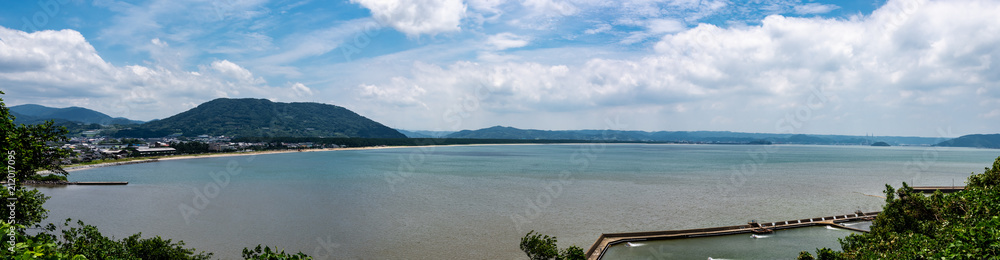 Panorama view of Karatsu mount Kagami and Nijinomatsubara pine forest in Kyushu, Japan Panorama view of Karatsu mount Kagami and Nijinomatsubara pine forest in Kyushu, Japan