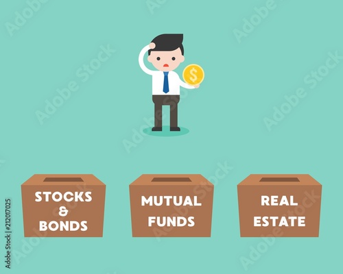 Businessman choosing box for investment between stock and bonds, mutual funds, real estate, flat design business concept