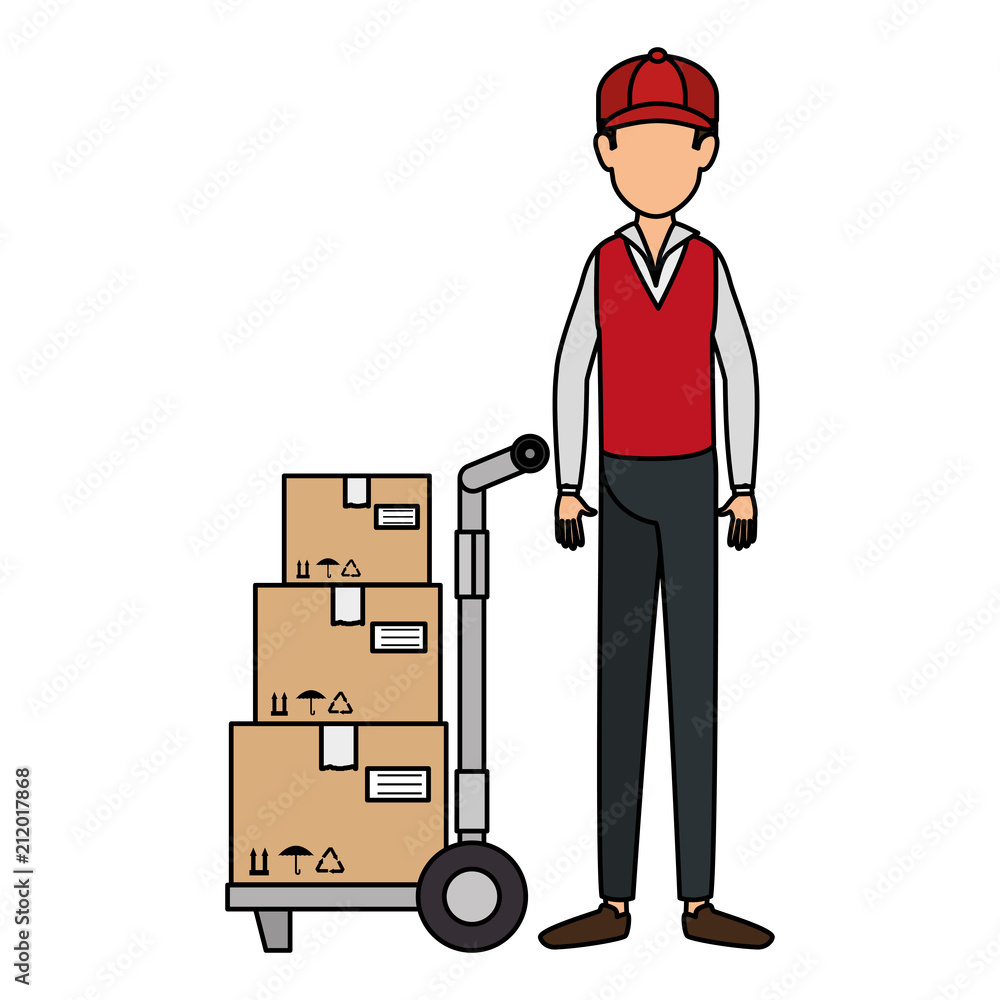 delivery worker with cart transport boxes delivery worker with cart transport boxes