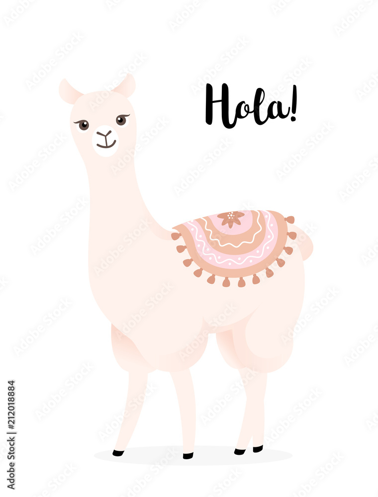Fototapeta premium Cute cartoon llama with decoration. Hola lama