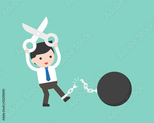 Businessman use scissor cutting chain from iron ball, flat design freedom from burden business concept