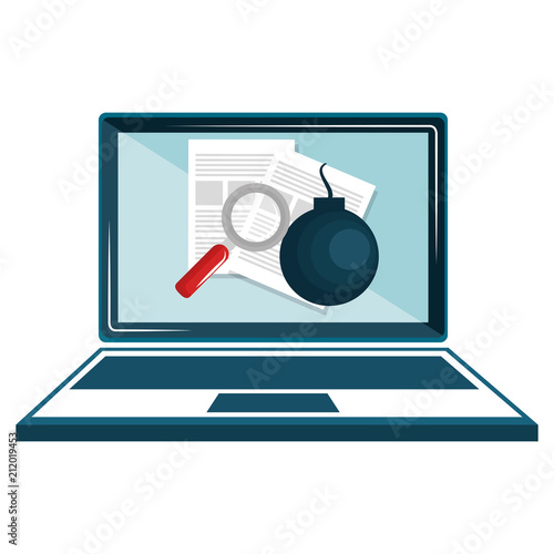 laptop with bomb and magnifying glass