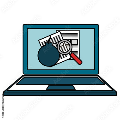 laptop with bomb and magnifying glass