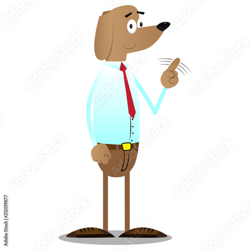Cartoon illustrated business dog saying no with his finger.