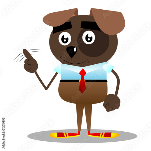 Cartoon illustrated business dog saying no with his finger.
