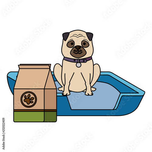 cute dog pet with bed and food character