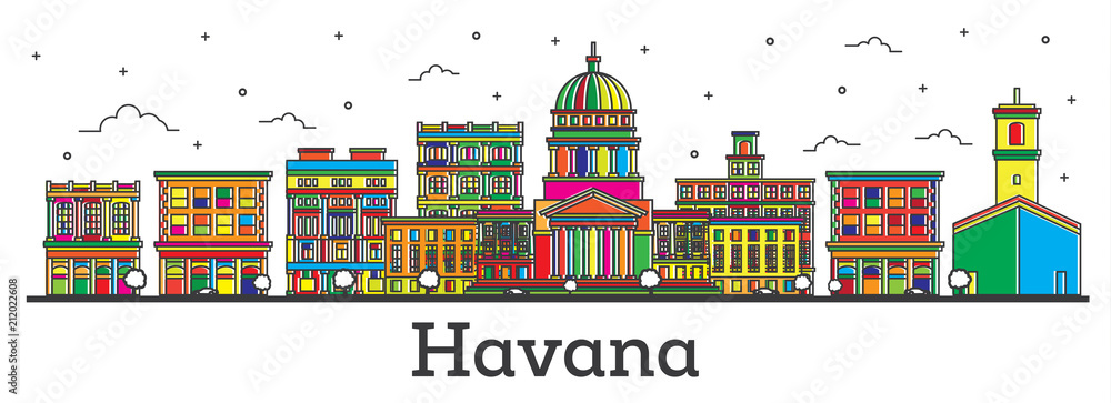 Outline Havana Cuba City Skyline with Color Buildings Isolated on White.