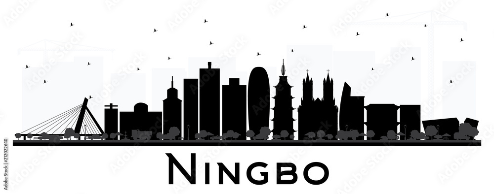 Ningbo China City Skyline with Black Buildings Isolated on White.