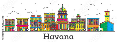 Outline Havana Cuba City Skyline with Color Buildings Isolated on White.