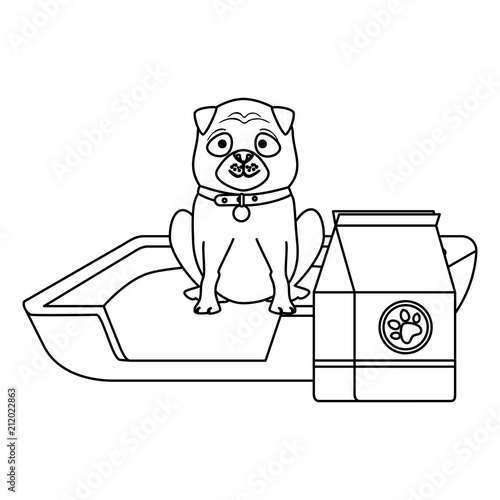 cute dog pet with bed and food character
