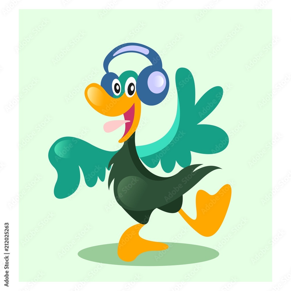 funny cheerful duck goose dancing with headphone mascot cartoon character  Stock Vector | Adobe Stock