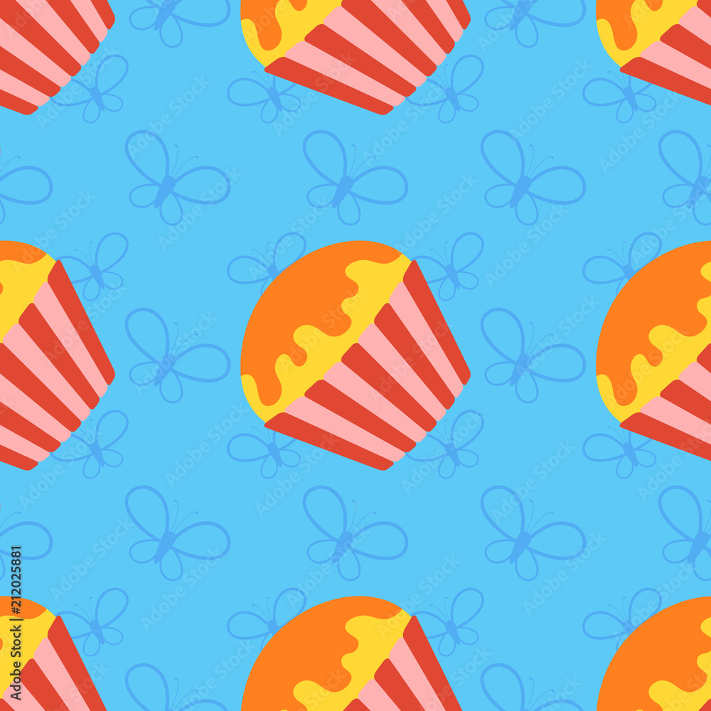 Colorful seamless pattern of appetizing cupcakes on a blue background. Simple flat vector illustration. For the design of paper wallpapers, fabric, wrapping paper, covers Colorful seamless pattern of appetizing cupcakes on a blue background. Simple flat vector illustration. For the design of paper wallpapers, fabric, wrapping paper, covers
