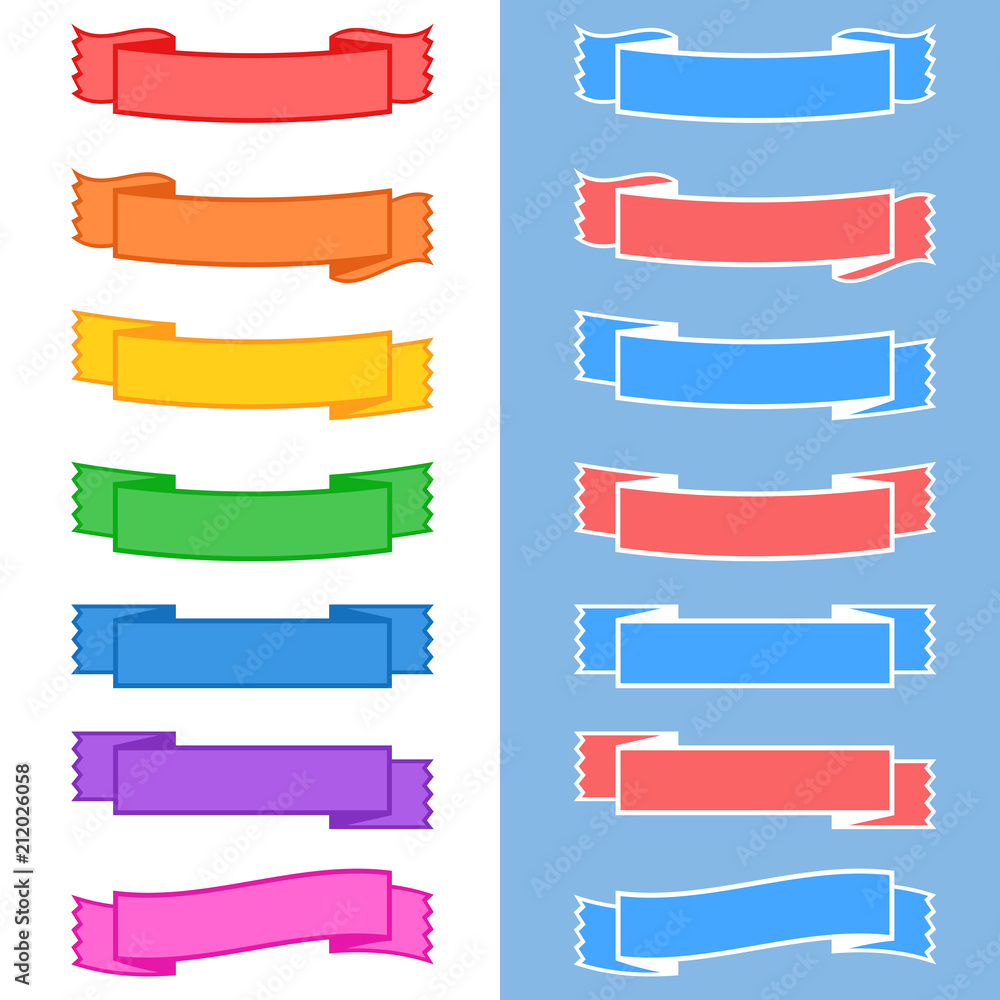 Set of colored isolated banner ribbons on white and blue background. Simple flat vector illustration. With space for text. Suitable for infographics, design, advertising, holidays, labels.
