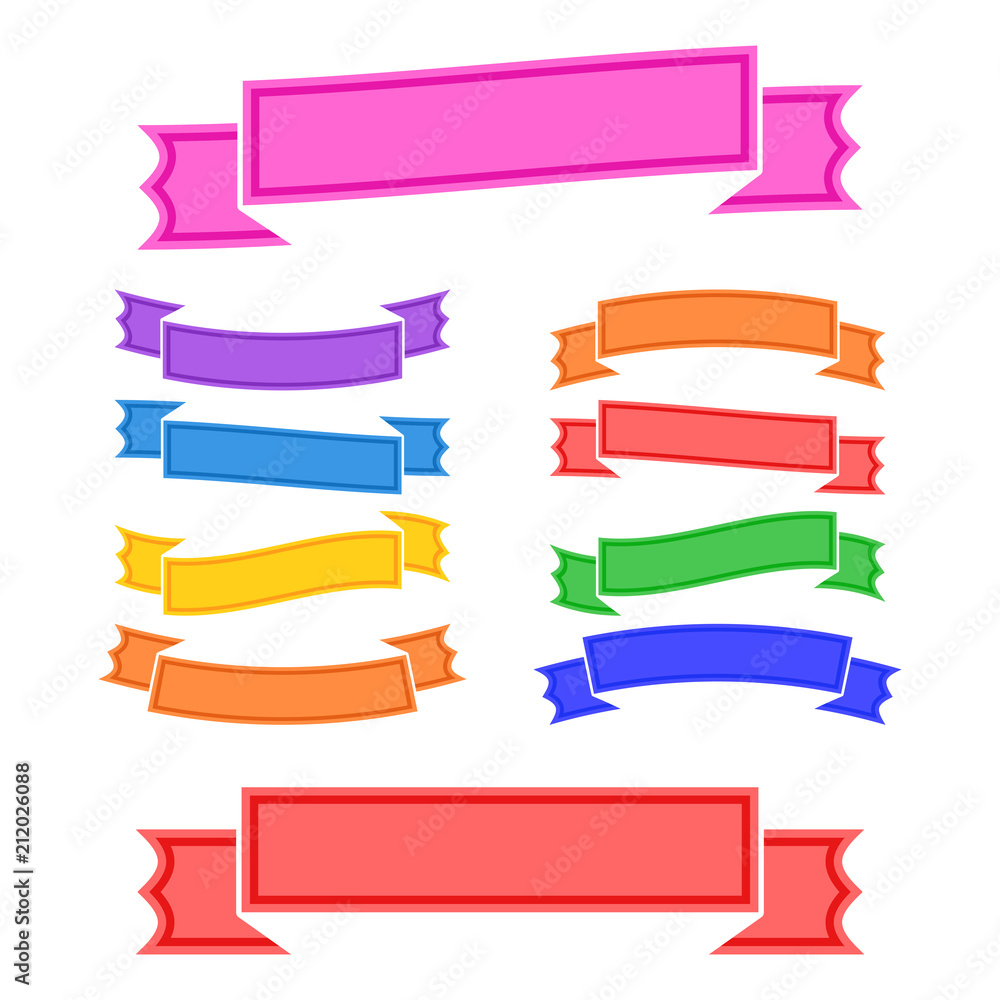 Set of colored isolated banner ribbons on white background. Simple flat vector illustration. With space for text. Suitable for infographics, design, advertising, holidays, labels. Set of colored isolated banner ribbons on white background. Simple flat vector illustration. With space for text. Suitable for infographics, design, advertising, holidays, labels.