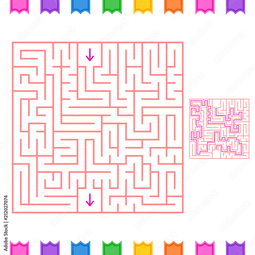 Abstract square isolated labyrinth. Red color on a white background. An interesting game for children and adults. Simple flat vector illustration. With the answer. Abstract square isolated labyrinth. Red color on a white background. An interesting game for children and adults. Simple flat vector illustration. With the answer.