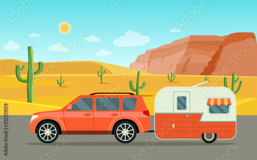 Suv car and camper trailers caravan. Desert landscape. Vector flat style illustration © lyudinka
