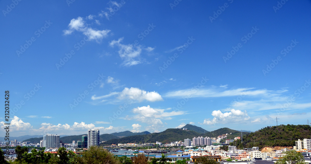 Obraz premium China Hainan island, city of Sanya, aerial view on man-made island in the form
