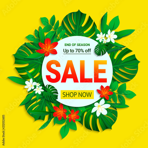 Sale poster. Summer sellout banner. trendy tropical style. Floral jungle background with exotic tropic flowers, leaves. End of the season discount vector design for shop, business, web page with text.